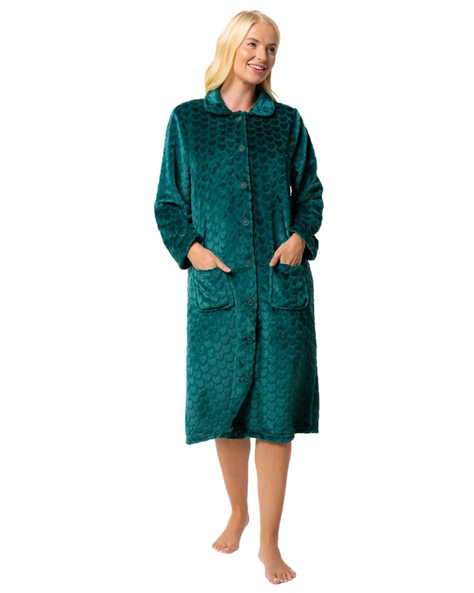 Robe de chambre vert forêt en polaire gaufrée, boutonnée et dotée de petites poches plaquées