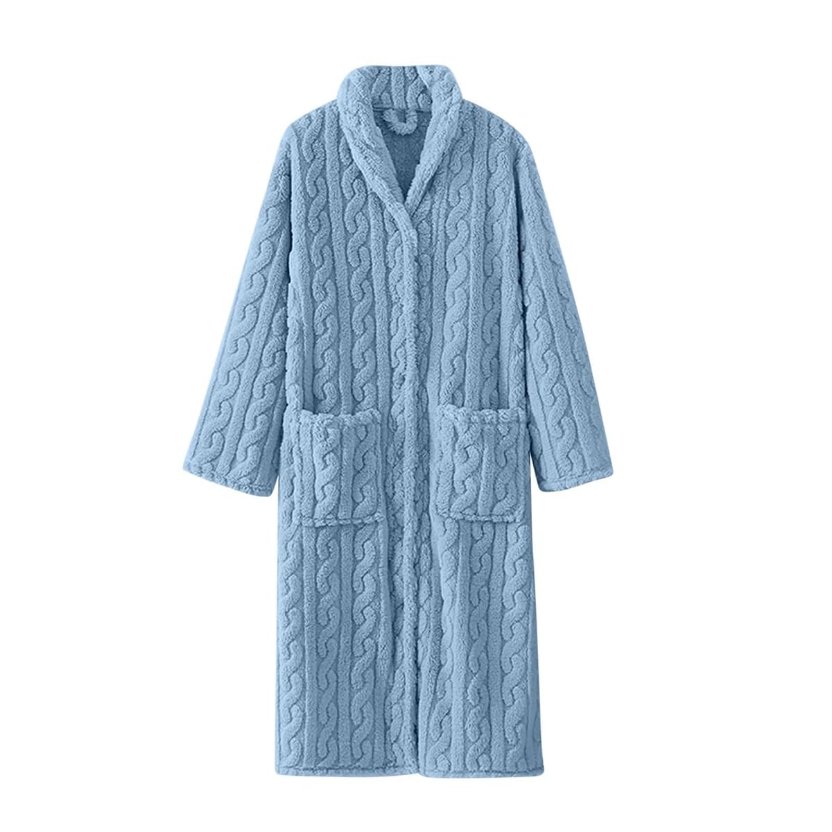Robe de chambre longue bleu ciel en polaire, boutonnée sur le devant et dotée de poches.