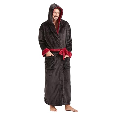 Peignoir long à capuche en polaire noire et bordeaux, avec ceinture et deux poches avant