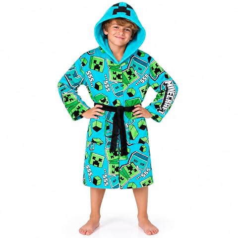 Robe de chambre enfant bleue à capuche, avec poches et motifs pixelisés Minecraft
