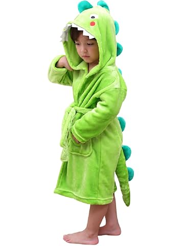 Robe de chambre enfant vert clair à capuche dinosaure brodée, ceinture contrastante et poches plaquées.