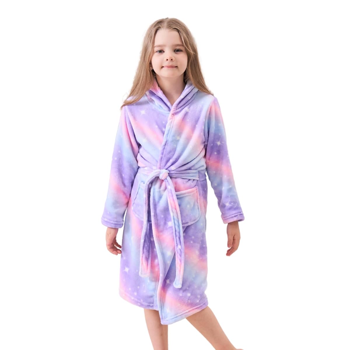 Peignoir pour fille en flanelle pourpre, à capuche, avec ceinture intégrée et deux poches