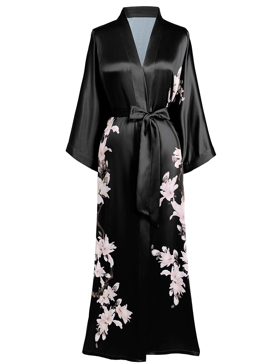 Robe de chambre kimono longue noire à imprimé feuillage, ceinture nouée et manches continues
