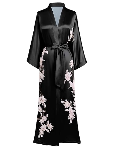 Robe de chambre kimono longue noire à imprimé feuillage, ceinture nouée et manches continues