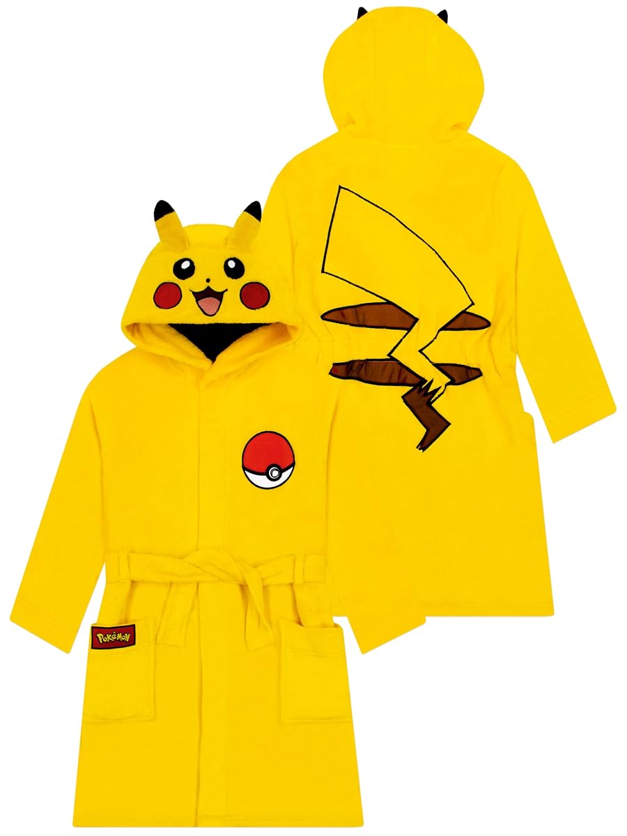 Peignoir enfant jaune à capuche avec oreilles 3D, visage brodé et queue de Pikachu au dos