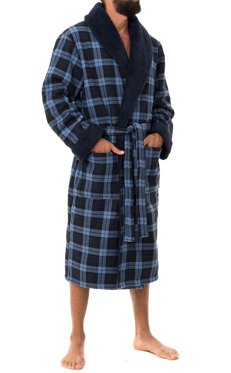Robe de chambre pour homme à carreaux bleus, doublée de polaire, avec col châle et ceinture