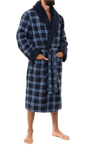 Robe de chambre pour homme à carreaux bleus, doublée de polaire, avec col châle et ceinture