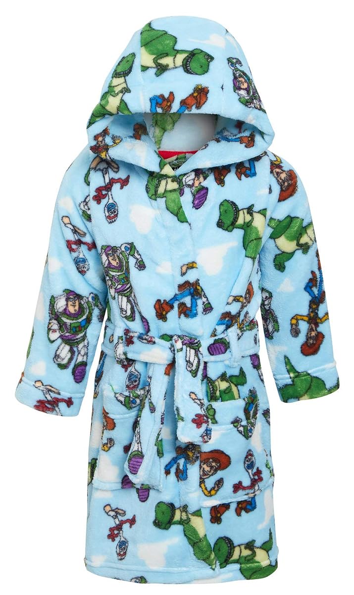 Peignoir enfant en polaire à capuche, imprimé de personnages Toy Story 4 et de nuages blancs.
