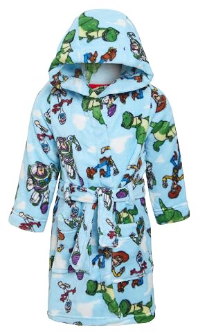 Peignoir enfant en polaire à capuche, imprimé de personnages Toy Story 4 et de nuages blancs.