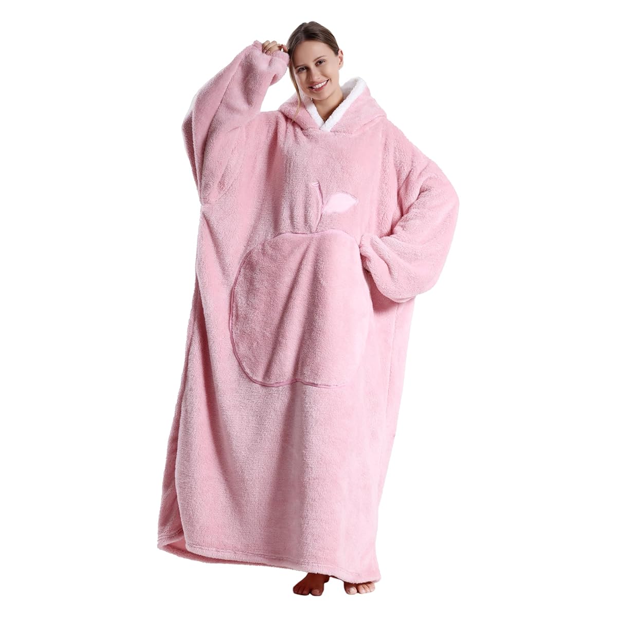 Couverture enveloppante rose en flanelle, longue, ample, avec capuche et grande poche avant