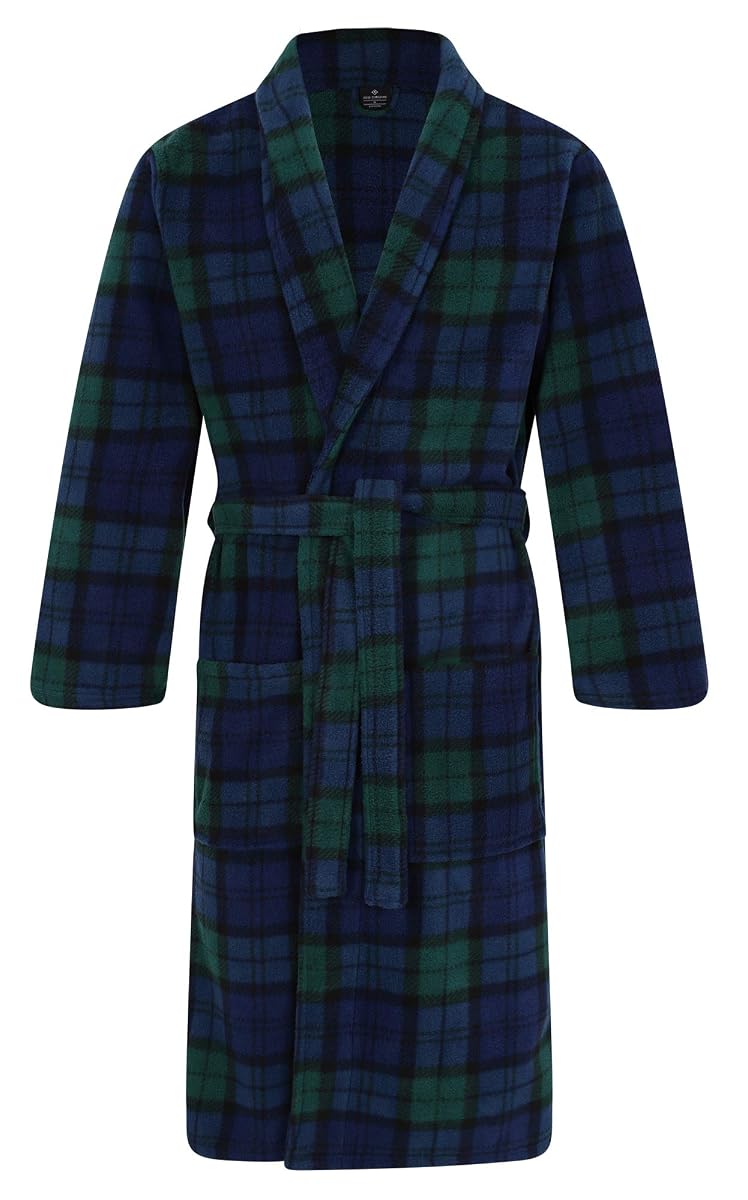 Robe de chambre polaire à carreaux tartan bleu et vert, avec col châle, ceinture et deux poches.