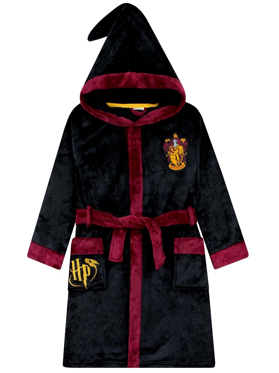 Robe de chambre Harry Potter noire et bordeaux pour enfant, avec capuche pointue, ceinture nouée et poches