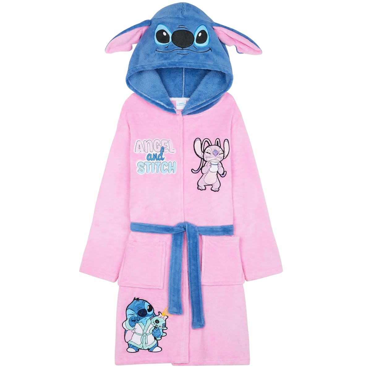 Peignoir polaire enfant à capuche, imprimé Angel et Stitch avec oreilles 3D, posé dans une chambre douce.