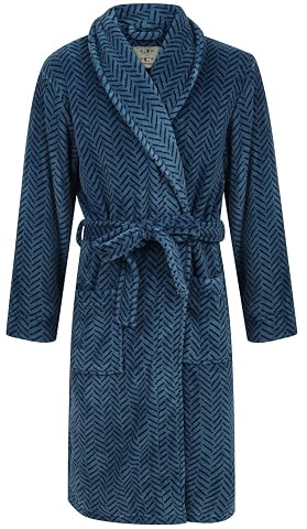 Robe de chambre bleue à chevrons, col châle, ceinture et deux poches, posée sur un lit