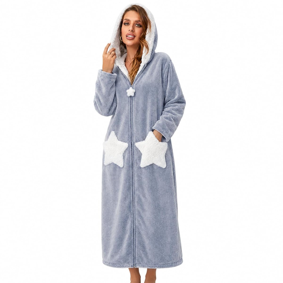 Peignoir long en peluche bleu marine avec zip devant, poches et étoiles brodées