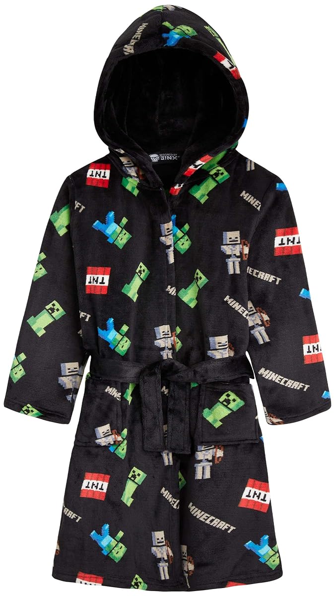 Robe de chambre polaire noire à capuche et ceinture, ornée de personnages Minecraft pixelisés