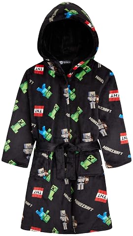 Robe de chambre polaire noire à capuche et ceinture, ornée de personnages Minecraft pixelisés
