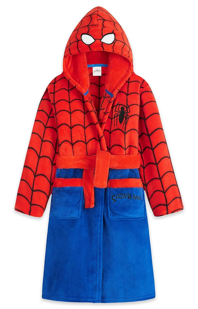Robe de chambre enfant en polaire rouge et bleue, à capuche, avec ceinture, poches et motifs Spider-Man.