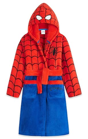 Robe de chambre enfant en polaire rouge et bleue, à capuche, avec ceinture, poches et motifs Spider-Man.