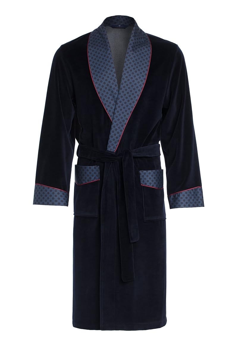 Robe de chambre longue Revise en velours bleu foncé, avec col classique, ceinture nouée et deux poches