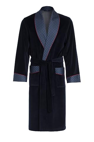 Robe de chambre longue Revise en velours bleu foncé, avec col classique, ceinture nouée et deux poches