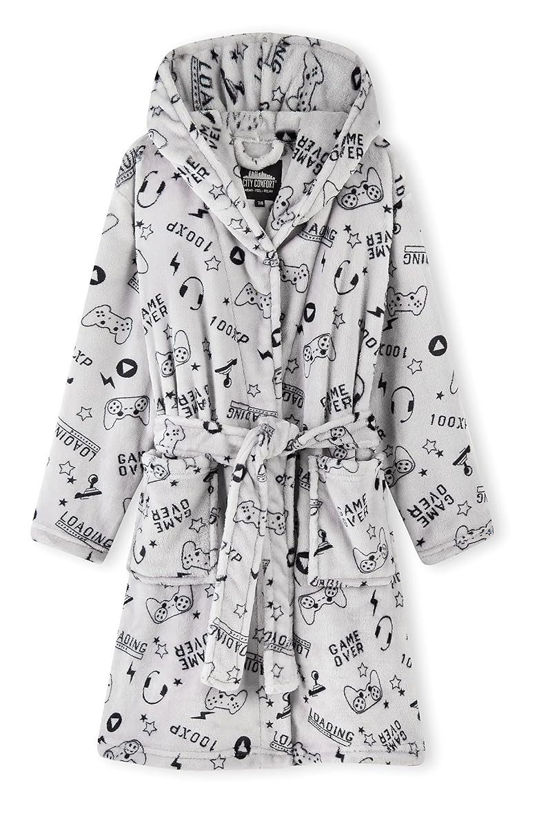 Robe de chambre enfant grise à capuche, ceinture et poches, avec motifs inspirés des jeux vidéo