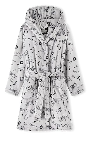 Robe de chambre enfant grise à capuche, ceinture et poches, avec motifs inspirés des jeux vidéo