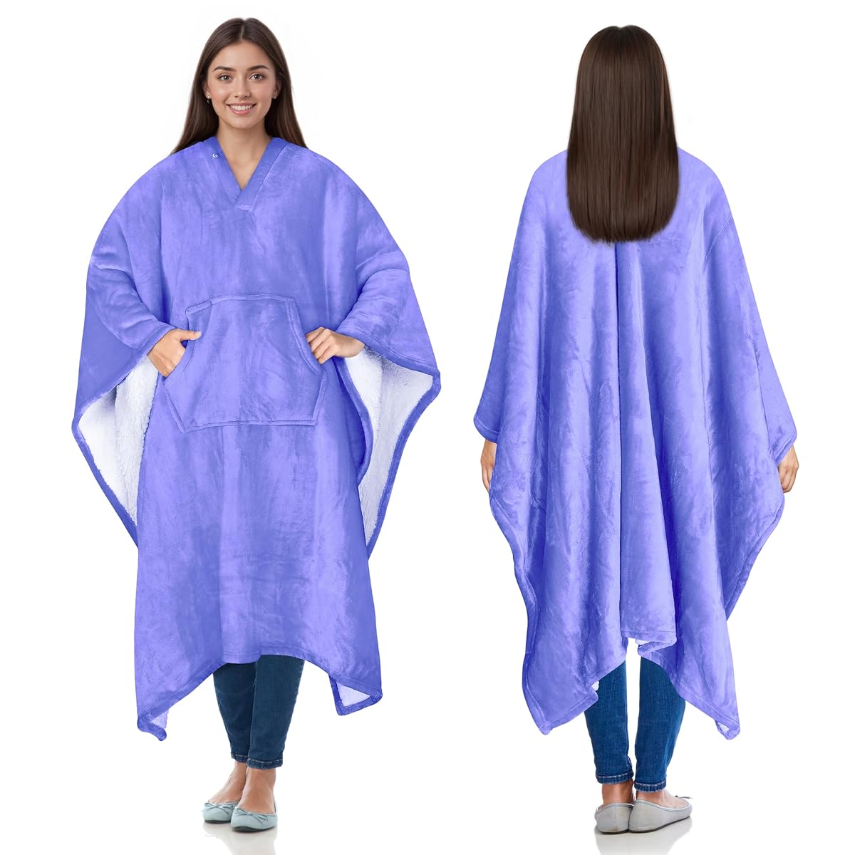 Poncho couverture mauve à capuche et poche kangourou, avec face douce et doublure sherpa