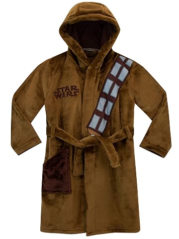 Robe de chambre marron à capuche inspirée de Chewbacca, posée sur un banc en bois dans une chambre calme.