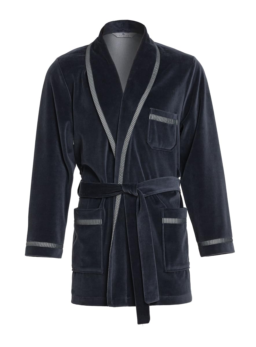 Robe de chambre courte pour homme en velours graphite, ceinturée et ornée de plis décoratifs