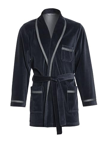 Robe de chambre courte pour homme en velours graphite, ceinturée et ornée de plis décoratifs