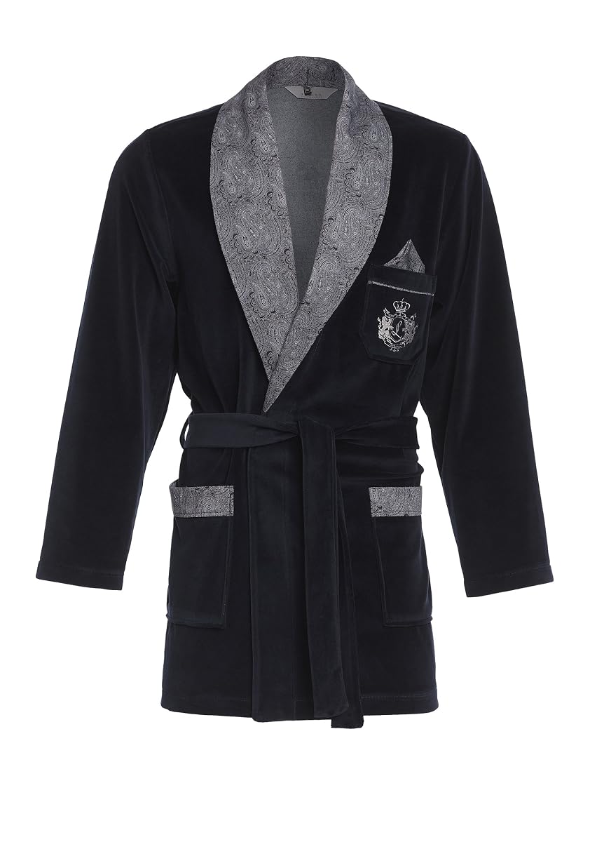 Robe de chambre courte en velours bleu foncé, ceinture nouée et finitions plissées