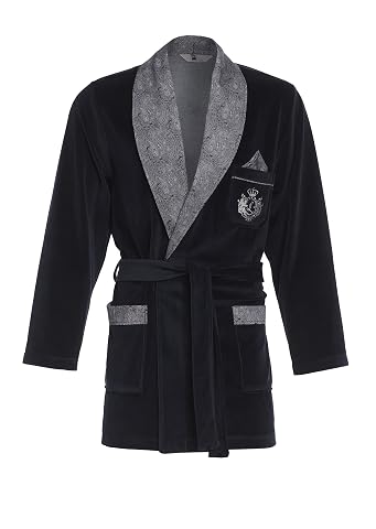 Robe de chambre courte en velours bleu foncé, ceinture nouée et finitions plissées