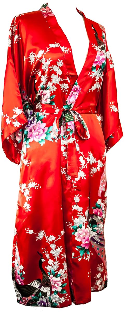 Kimono long rouge en satin à motif floral paon, avec ceinture assortie et manches larges