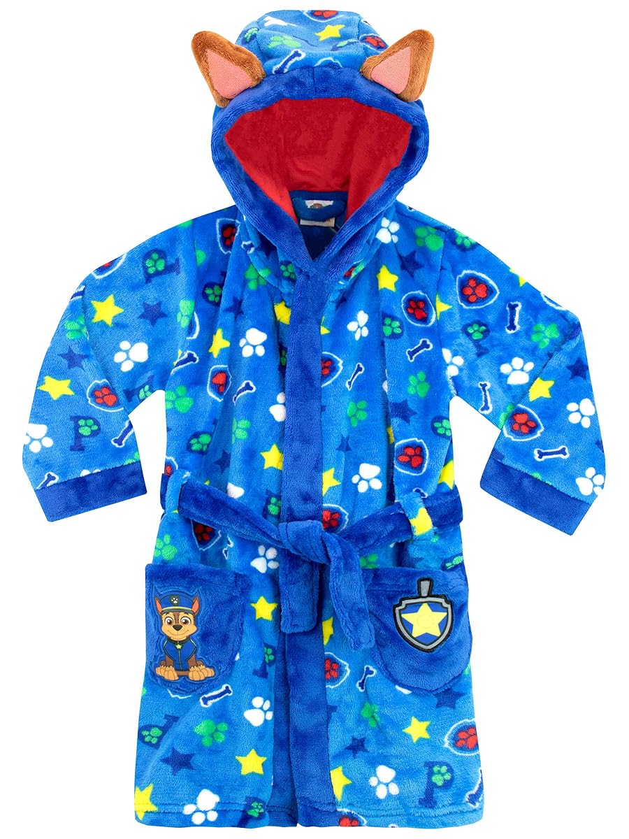 Peignoir polaire Paw Patrol bleu avec capuche à oreilles, ceinture nouée et deux poches décorées de Chase
