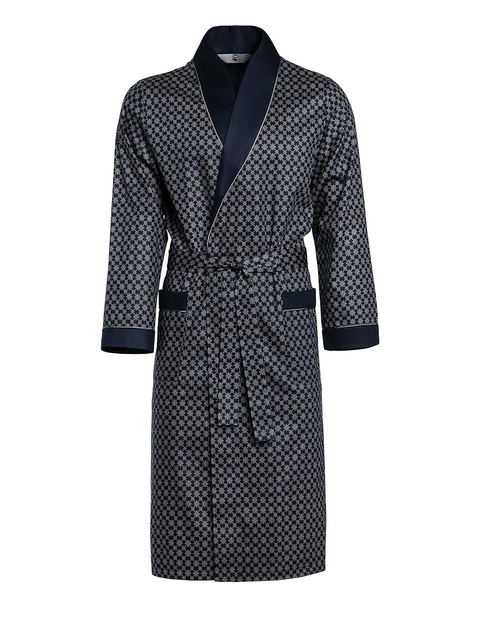 Robe de chambre homme en coton bleu foncé, avec col, poignets et poches soulignés d’un passepoil contrastant.