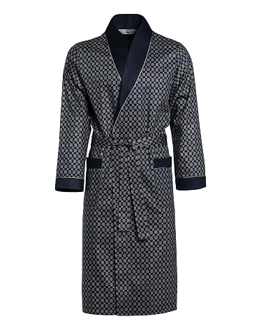 Robe de chambre homme en coton bleu foncé, avec col, poignets et poches soulignés d’un passepoil contrastant.