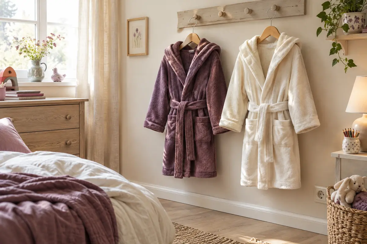 Robes de chambre pour enfant sur petits cintres dans une chambre claire