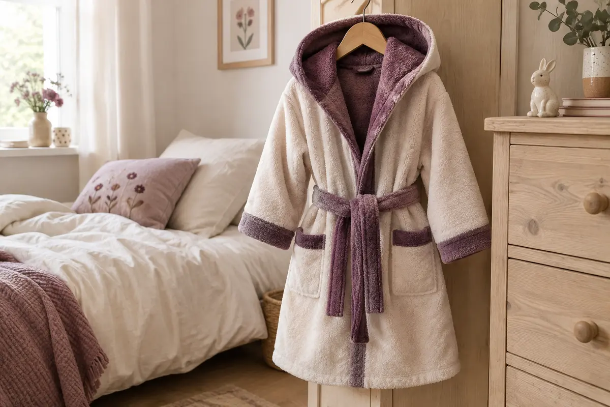 Robe de chambre à capuche pour enfant, capuche et poches bien visibles
