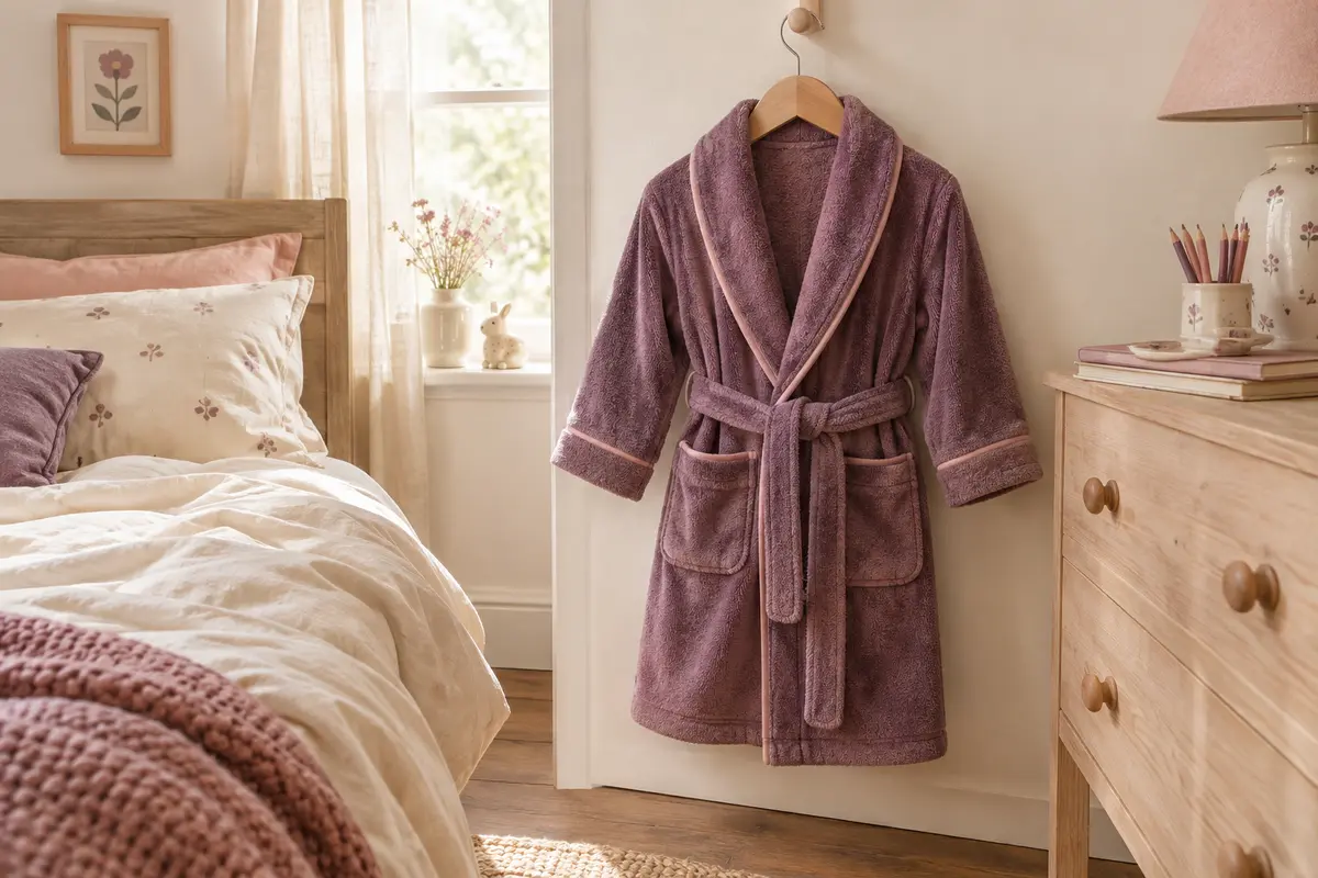 Robe de chambre classique pour enfant sur cintre, ceinture visible