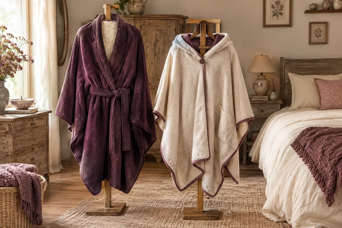 Robe de chambre couverture et modèle poncho présentés dans une chambre douce