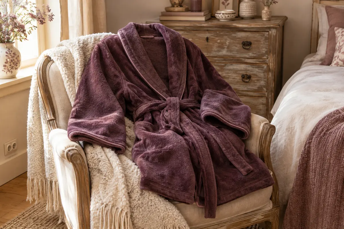 Robe de chambre couverture pliée sur un fauteuil, manches larges visibles