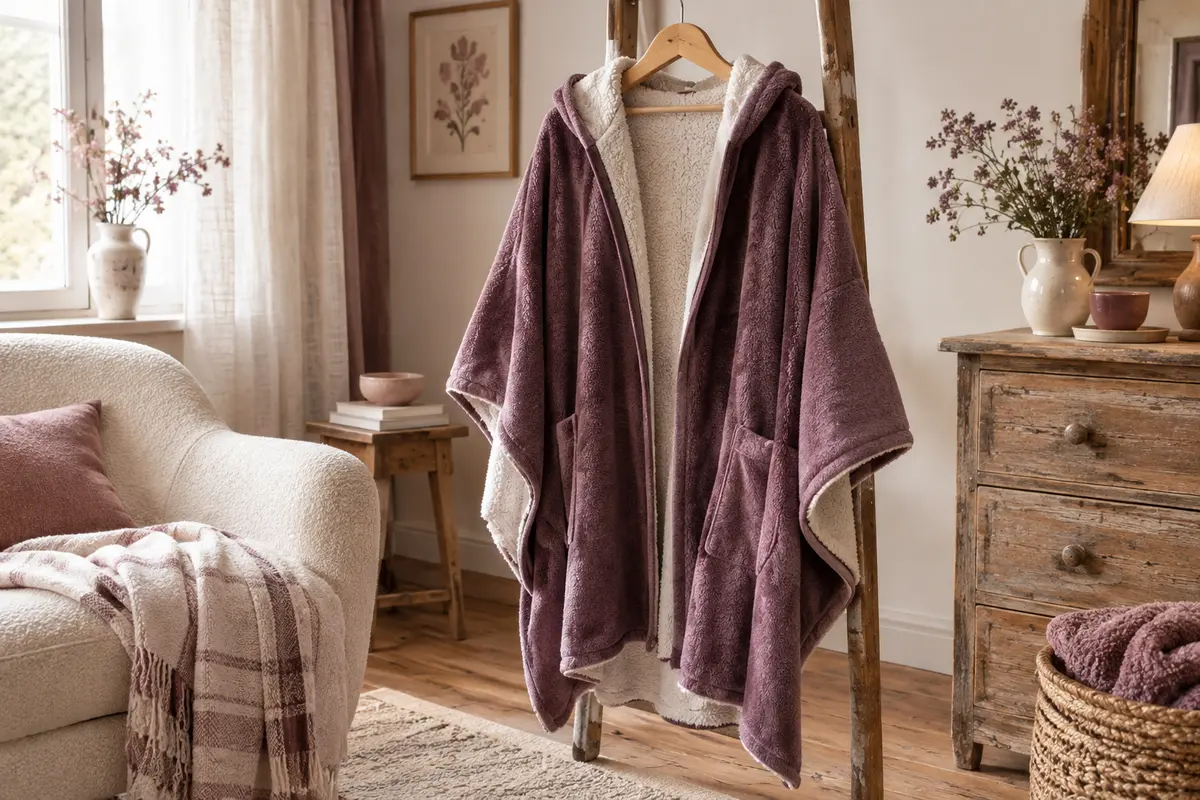Robe de chambre poncho suspendue, forme ample et ouverture visibles