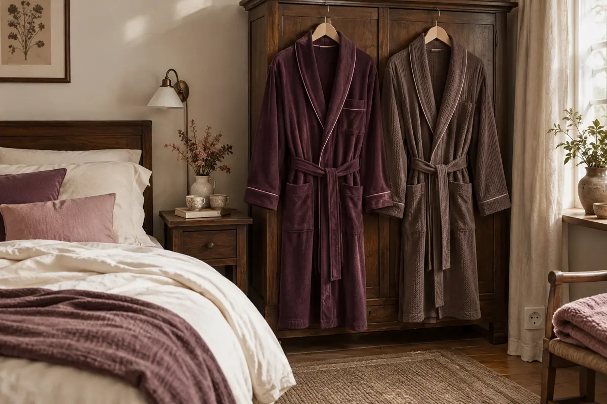 Robes de chambre pour homme suspendues dans une chambre sobre et lumineuse
