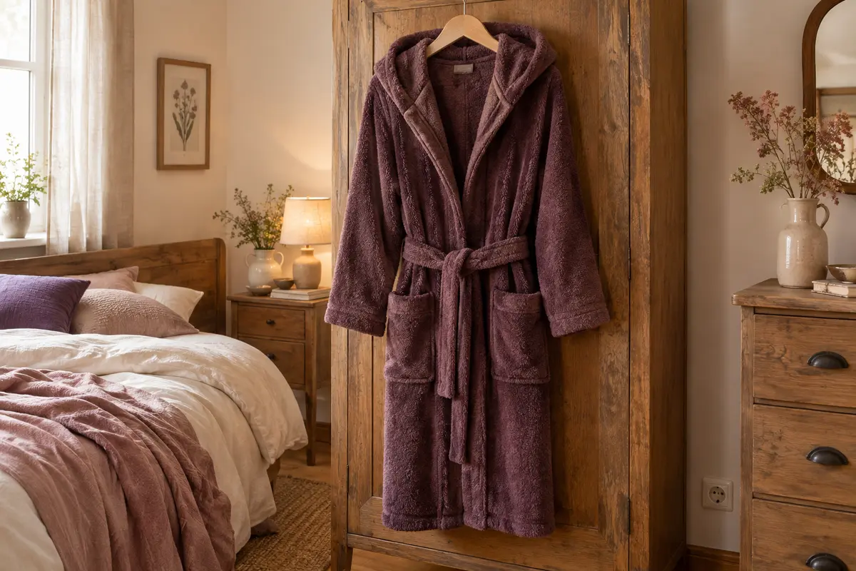 Robe de chambre pour homme à capuche, poches et fermeture visibles
