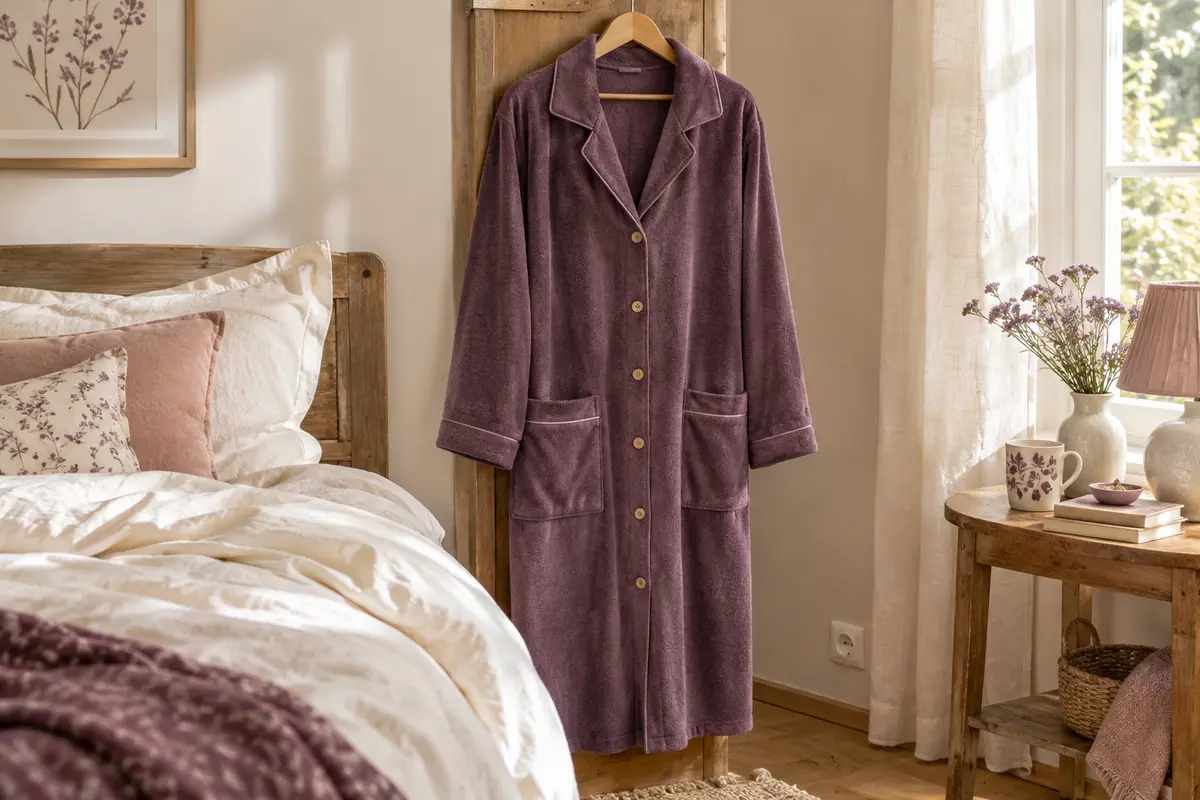 Robe de chambre boutonnée suspendue, rangée de boutons mise en évidence
