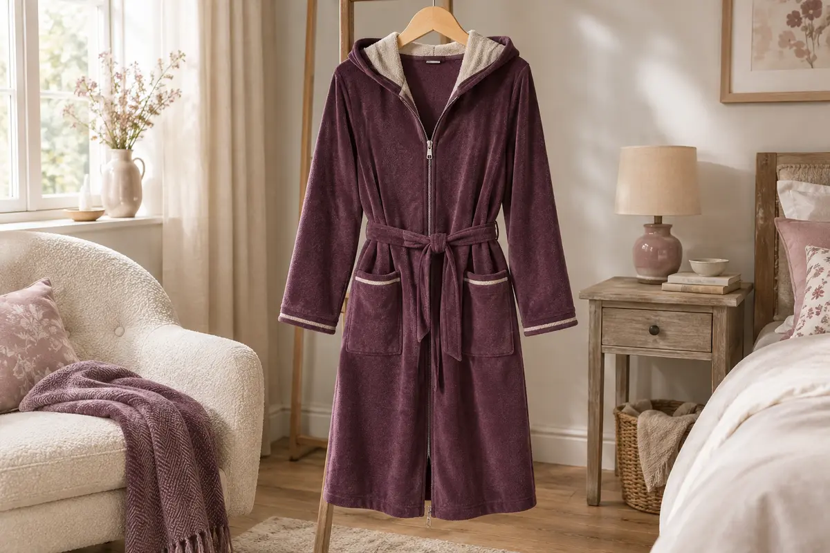 Robe de chambre zippée pour femme, fermeture éclair visible sur le devant