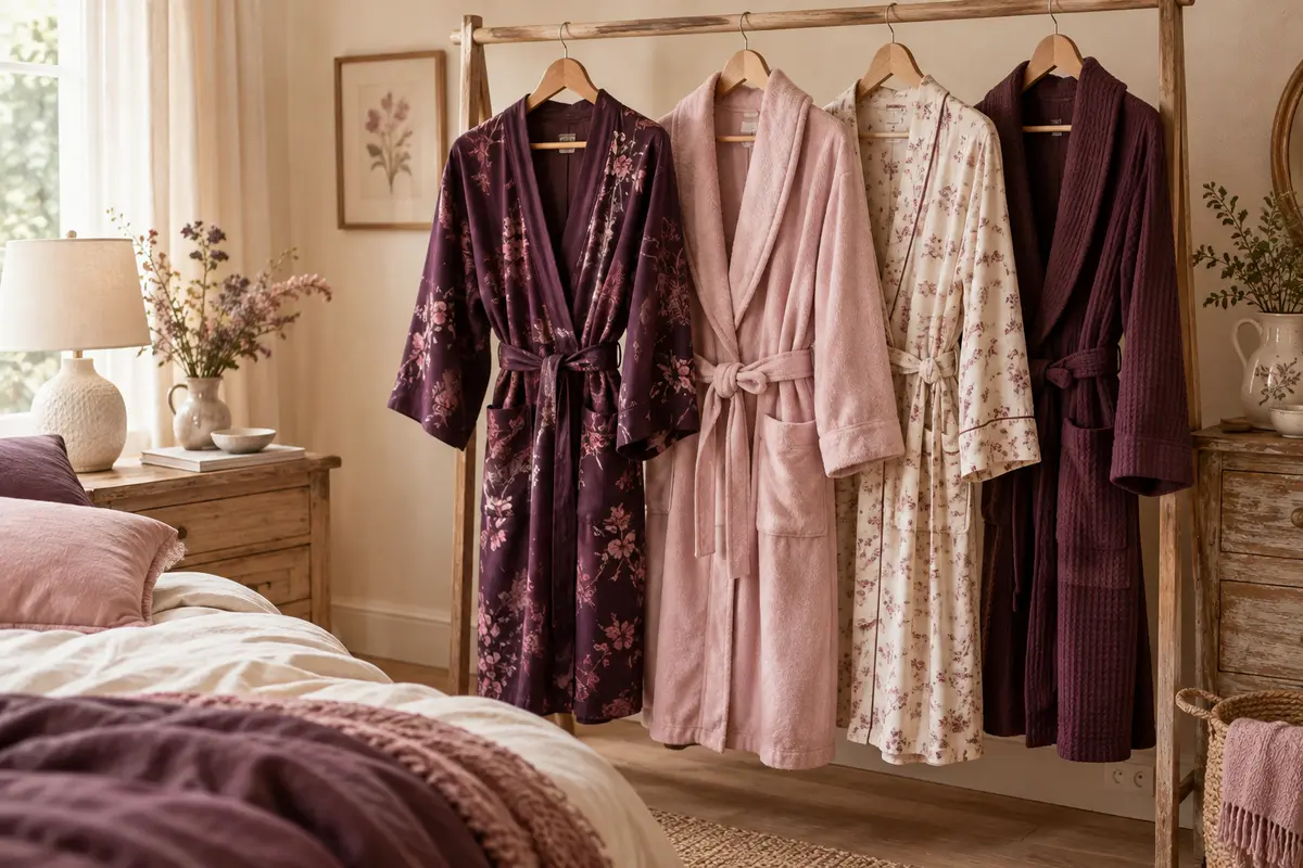 Robes de chambre féminines de styles variés dans une chambre aux tons doux