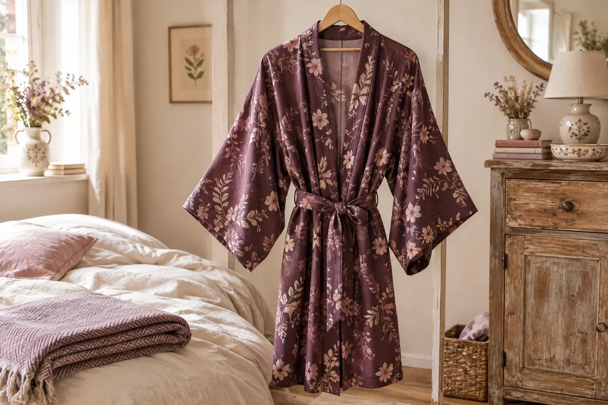 Robe de chambre kimono avec manches amples et ceinture dans une chambre claire