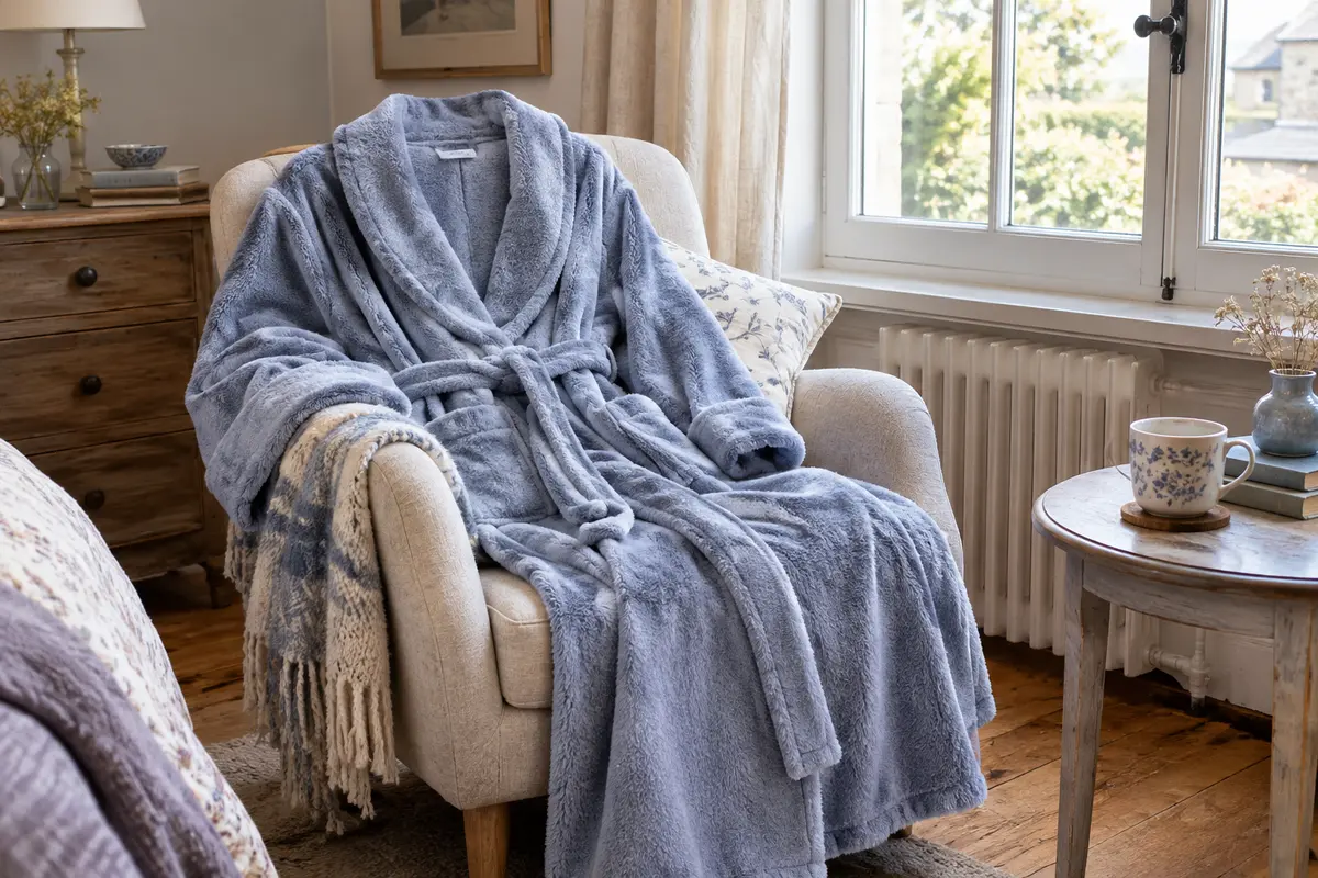 Robe de chambre longue en polaire posée sur un fauteuil dans un intérieur calme